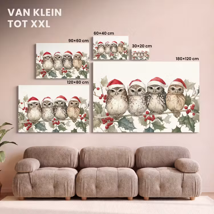 Canvas schilderij - Uilen - Tak - Hulstblaadjes - Kerstmuts — 8