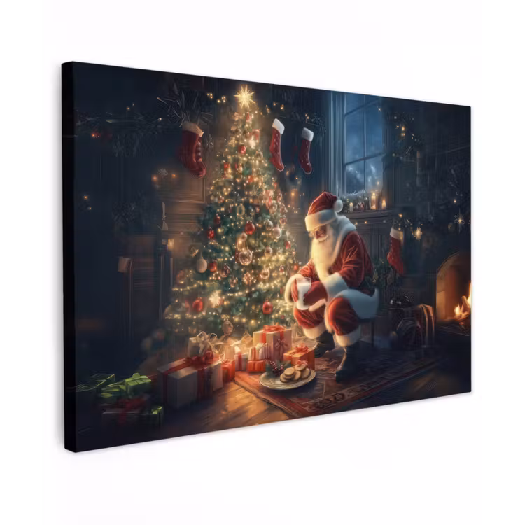 Canvas schilderij - Kerstman - Haard - Donker — 1
