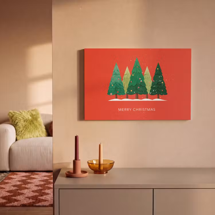 Canvas schilderij - Minimalistisch - Kerstbomen - Rood - Sneeuw — 2