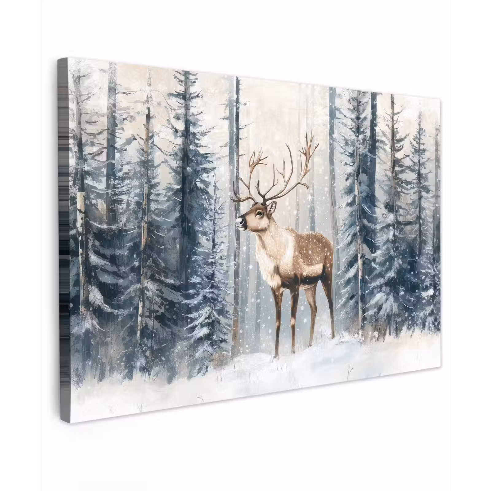 Canvas schilderij - Rendier - Sneeuw - Woud - Wit — 1