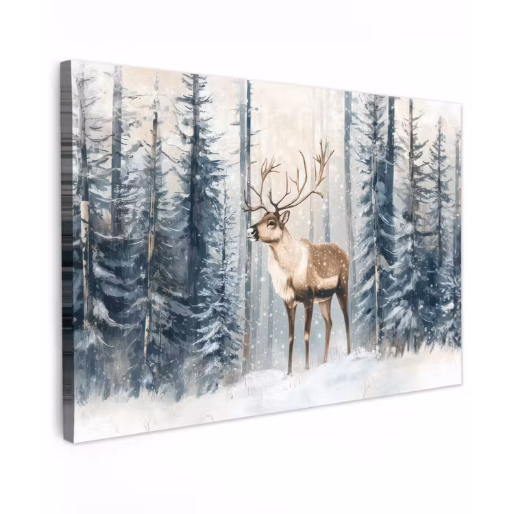 Canvas schilderij - Rendier - Sneeuw - Woud - Wit — 1