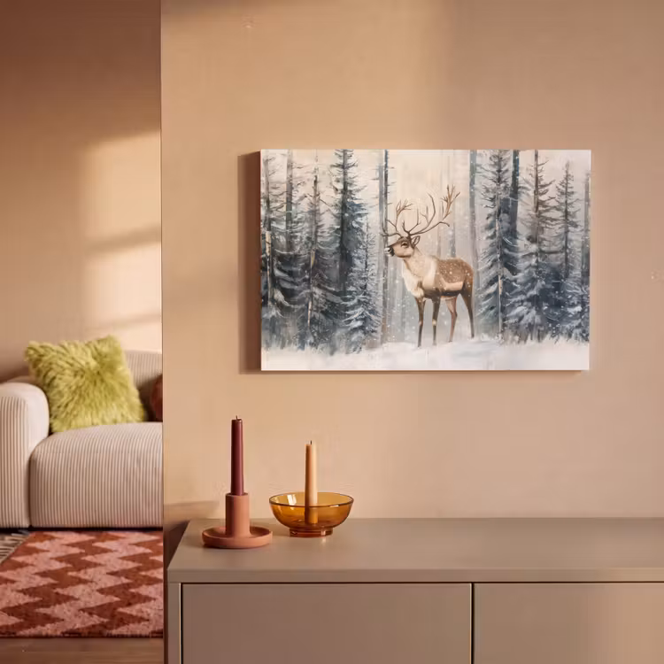 Canvas schilderij - Rendier - Sneeuw - Woud - Wit — 2
