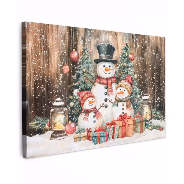Canvas schilderij - Sneeuwpop - Familie - Kleurrijk — 1