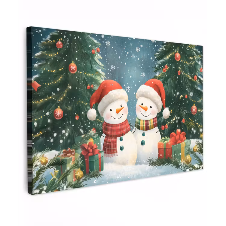 Canvas schilderij - Sneeuwpop - Kerstsneeuw - Groen - Rood — 1