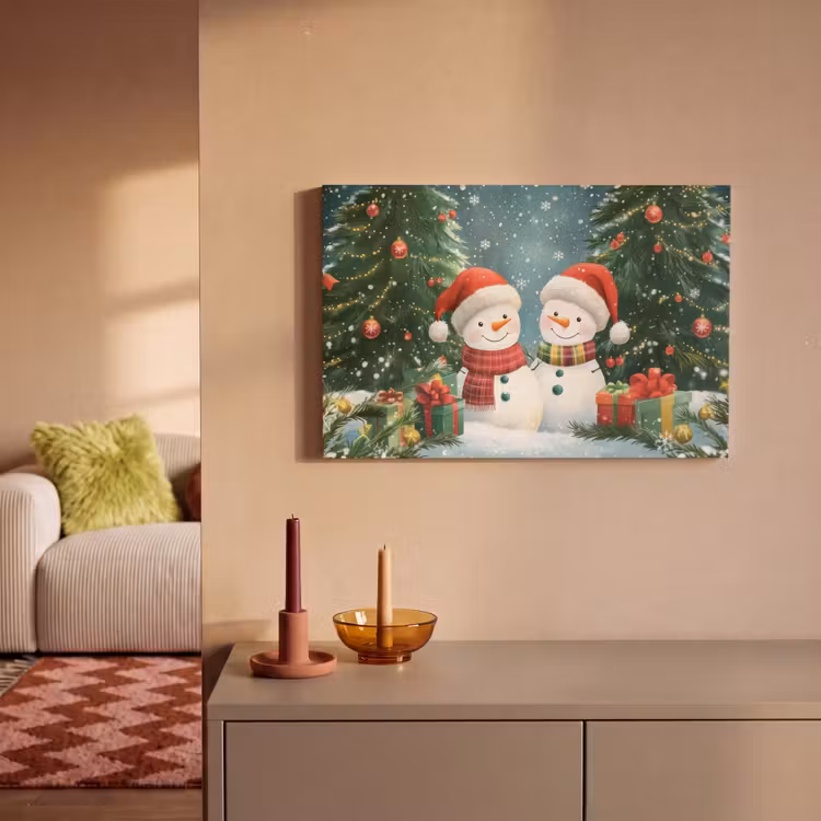 Canvas schilderij - Sneeuwpop - Kerstsneeuw - Groen - Rood — 2