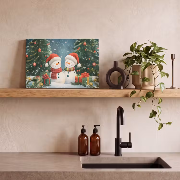 Canvas schilderij - Sneeuwpop - Kerstsneeuw - Groen - Rood — 4