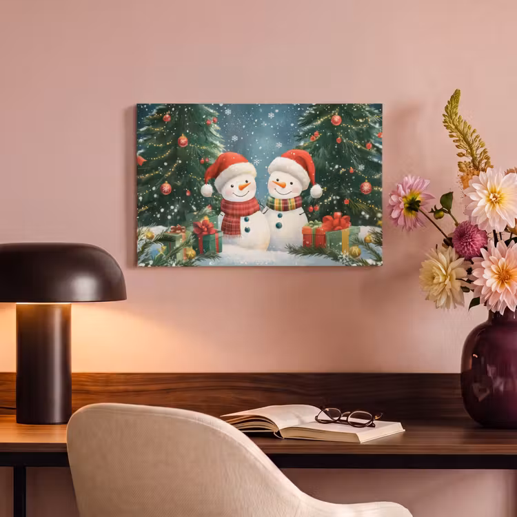 Canvas schilderij - Sneeuwpop - Kerstsneeuw - Groen - Rood — 6