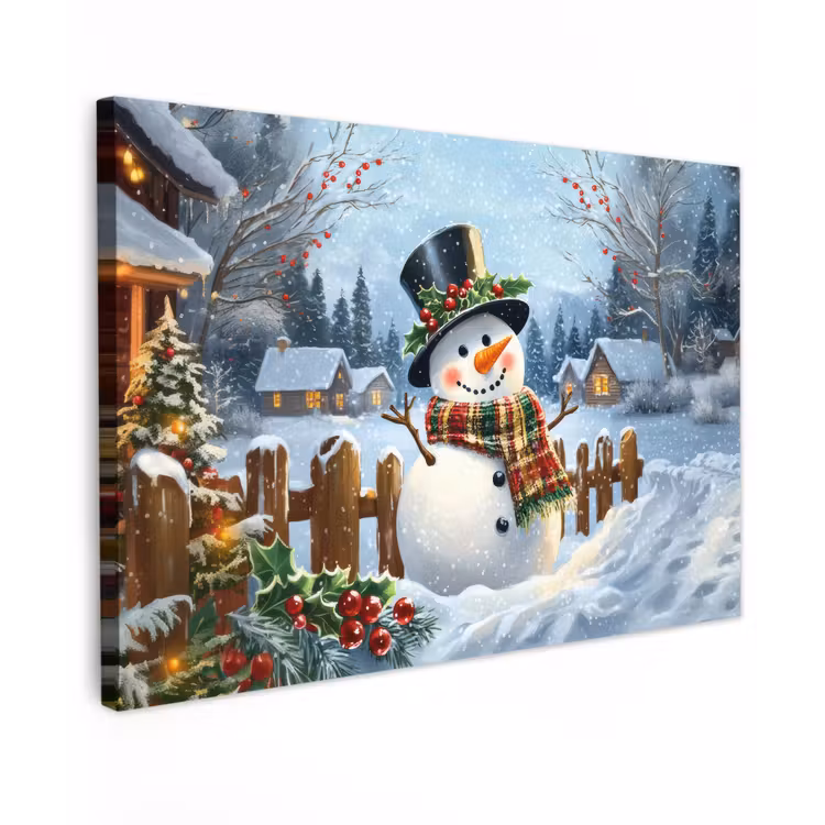 Canvas schilderij - Sneeuwpop - Winterdorp - Kleurrijk — 1