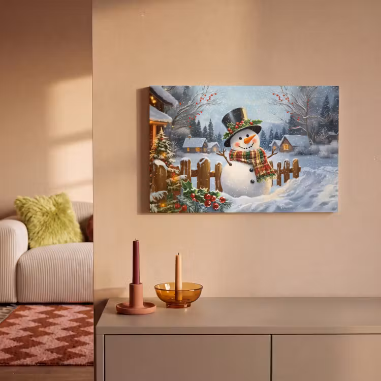Canvas schilderij - Sneeuwpop - Winterdorp - Kleurrijk — 2