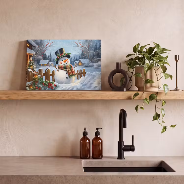 Canvas schilderij - Sneeuwpop - Winterdorp - Kleurrijk — 4