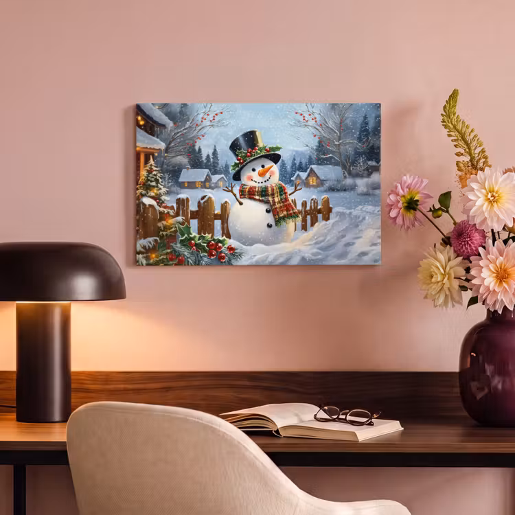 Canvas schilderij - Sneeuwpop - Winterdorp - Kleurrijk — 6