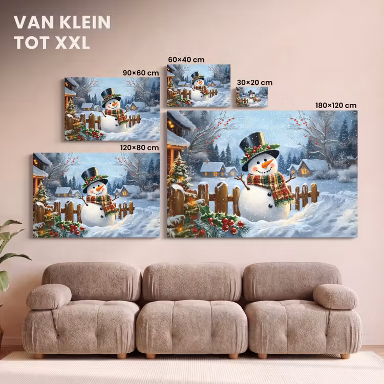 Canvas schilderij - Sneeuwpop - Winterdorp - Kleurrijk — 8