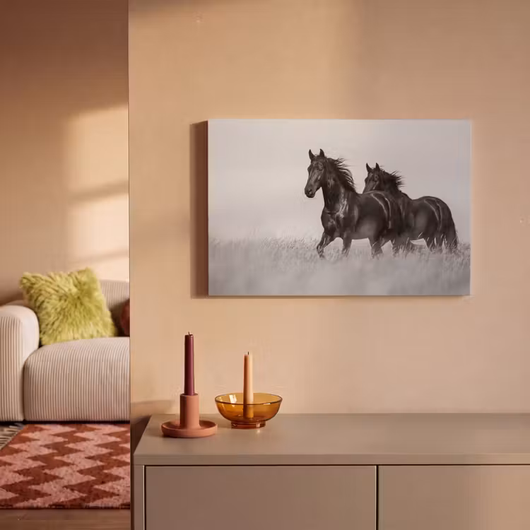 Canvas schilderij - Paarden - Gras - Zwart - Wit — 2