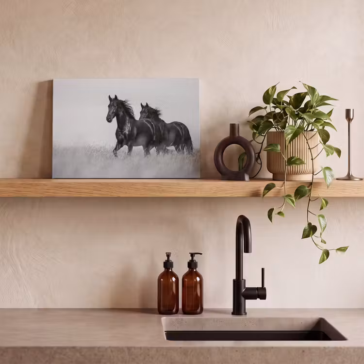 Canvas schilderij - Paarden - Gras - Zwart - Wit — 4