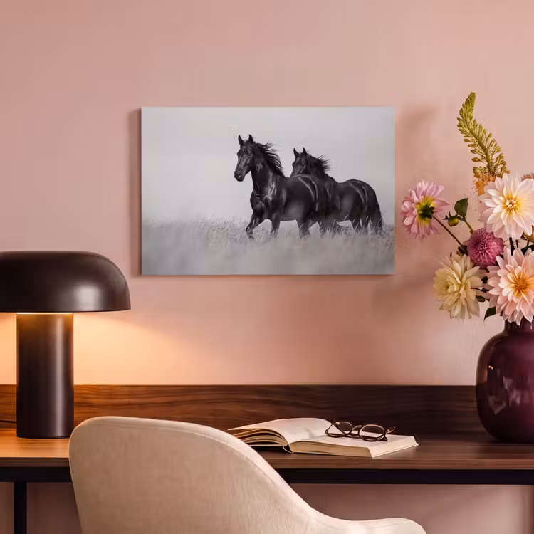 Canvas schilderij - Paarden - Gras - Zwart - Wit — 6