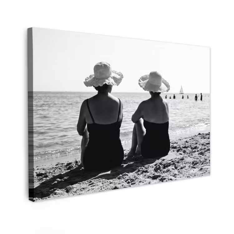 Canvas schilderij - Vrouwen - Zonnehoed - Strand - Zwart - Wit — 1