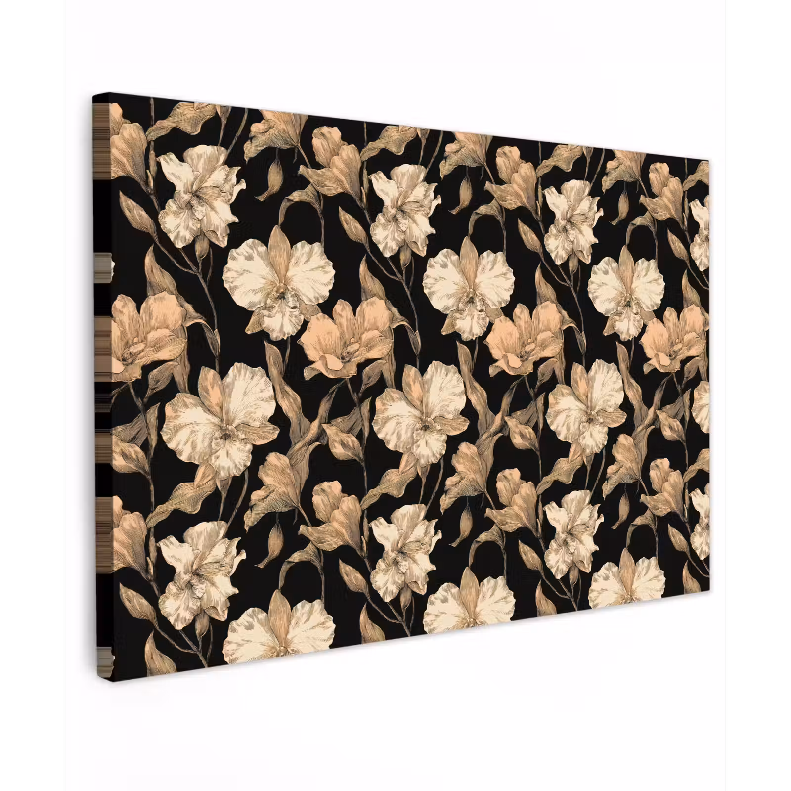 Canvas schilderij - Orchideeën - Lijntekening - Patroon - Beige - Zwart — 1