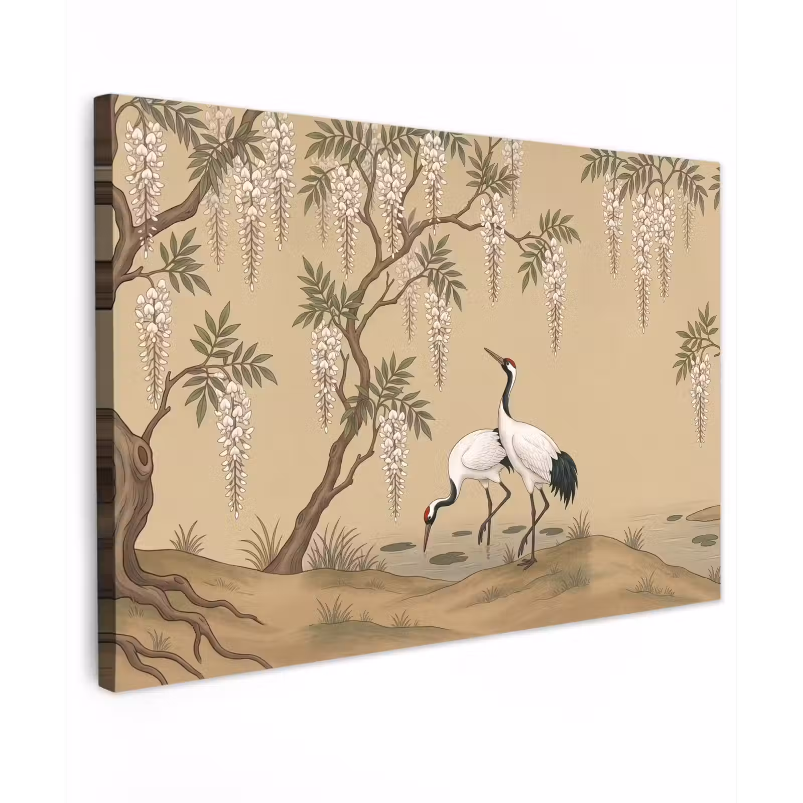 Canvas schilderij - Kraanvogels - Water - Beige — 1