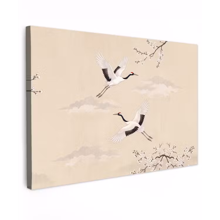 Canvas schilderij - Kraanvogels - Bloesem - Beige — 1