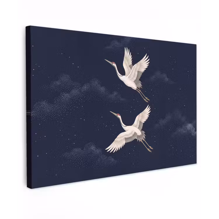 Canvas schilderij - Kraanvogels - Nachthemel - Blauw — 1