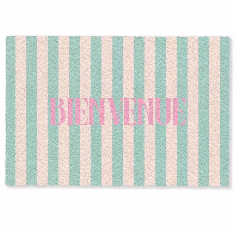 Deurmat - Roze - Groen - Strepen - Bienvenue — 1
