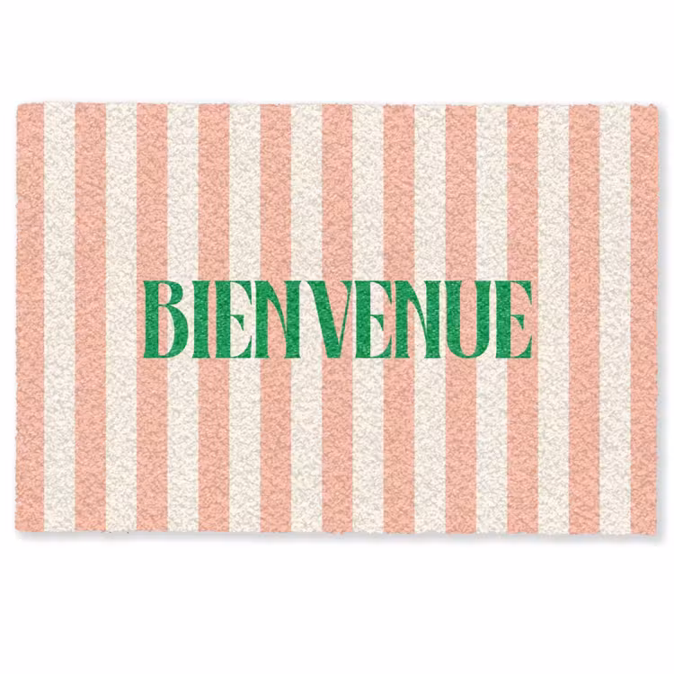 Deurmat - Zachtroze - Groen- Strepen - Bienvenue — 1