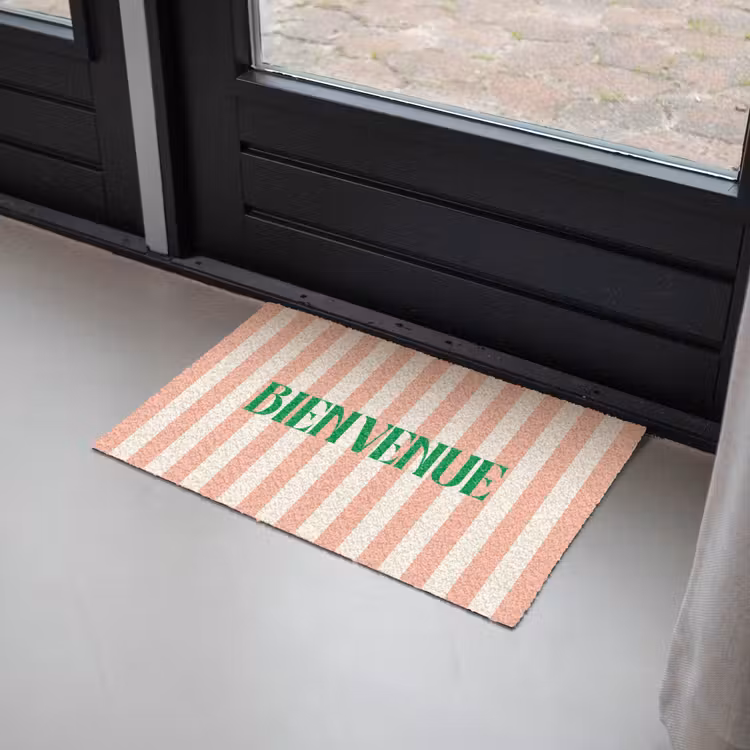 Deurmat - Zachtroze - Groen- Strepen - Bienvenue — 2