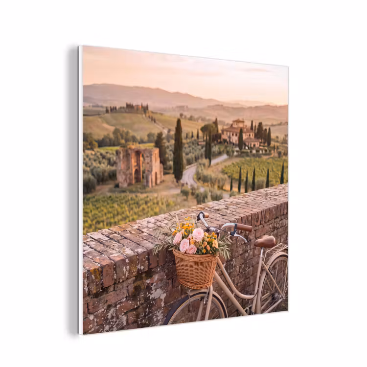 Forex - Fiets - Bloemen - Toscane - Landschap - Roze — 1