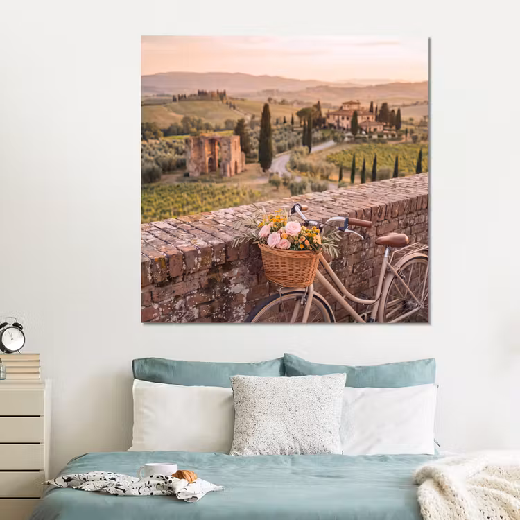 Forex - Fiets - Bloemen - Toscane - Landschap - Roze — 2