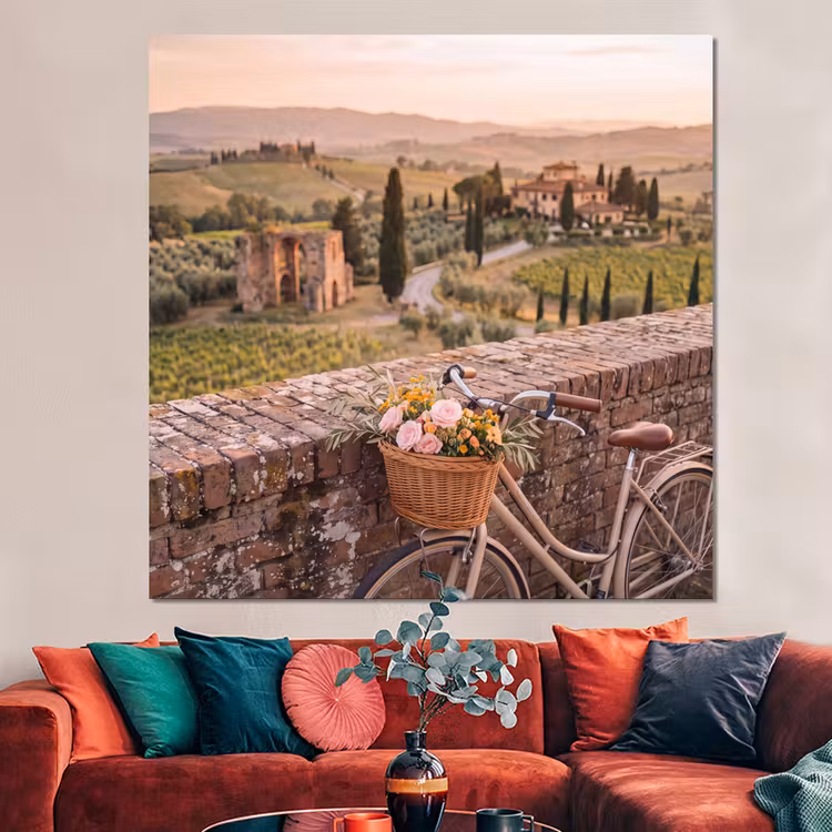 Forex - Fiets - Bloemen - Toscane - Landschap - Roze — 3