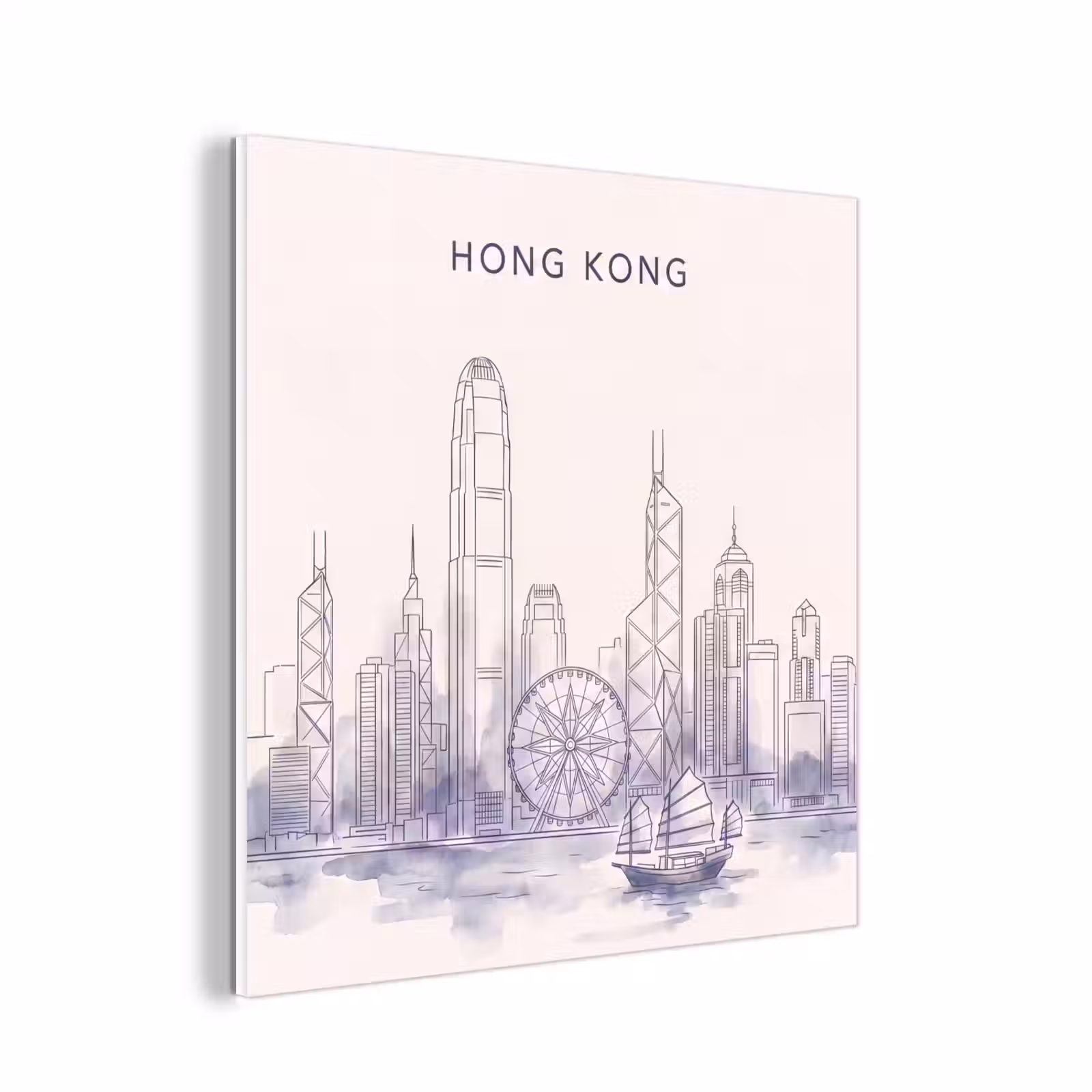 Forex - Stad - Skyline - Water - Lijntekening - Blauw — 1