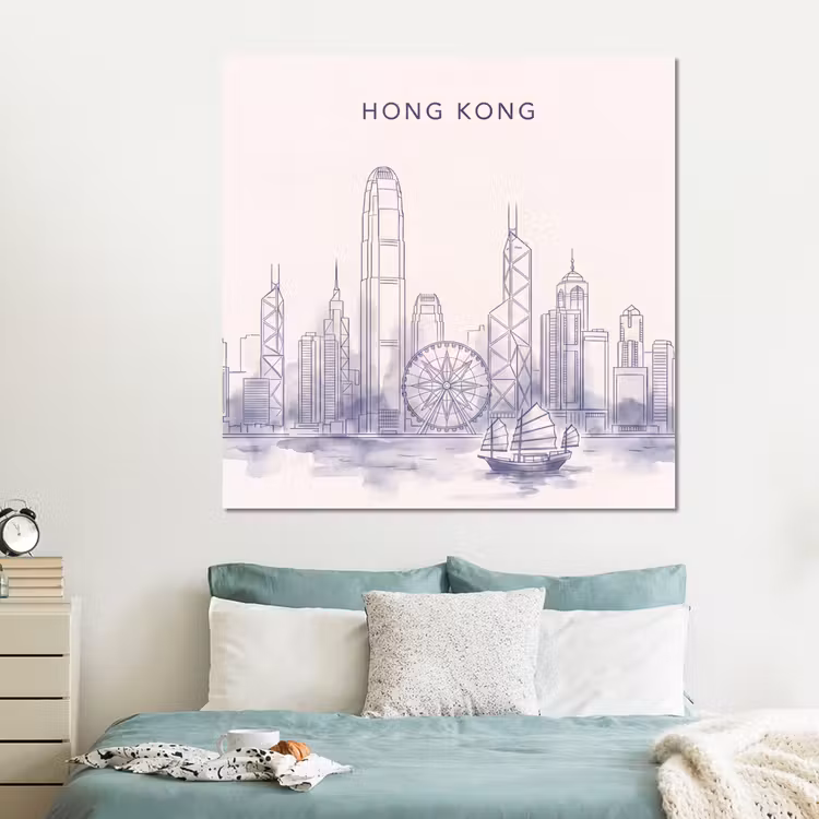 Forex - Stad - Skyline - Water - Lijntekening - Blauw — 2