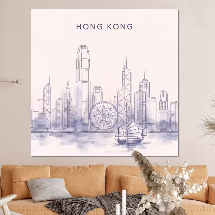 Forex - Stad - Skyline - Water - Lijntekening - Blauw — 4