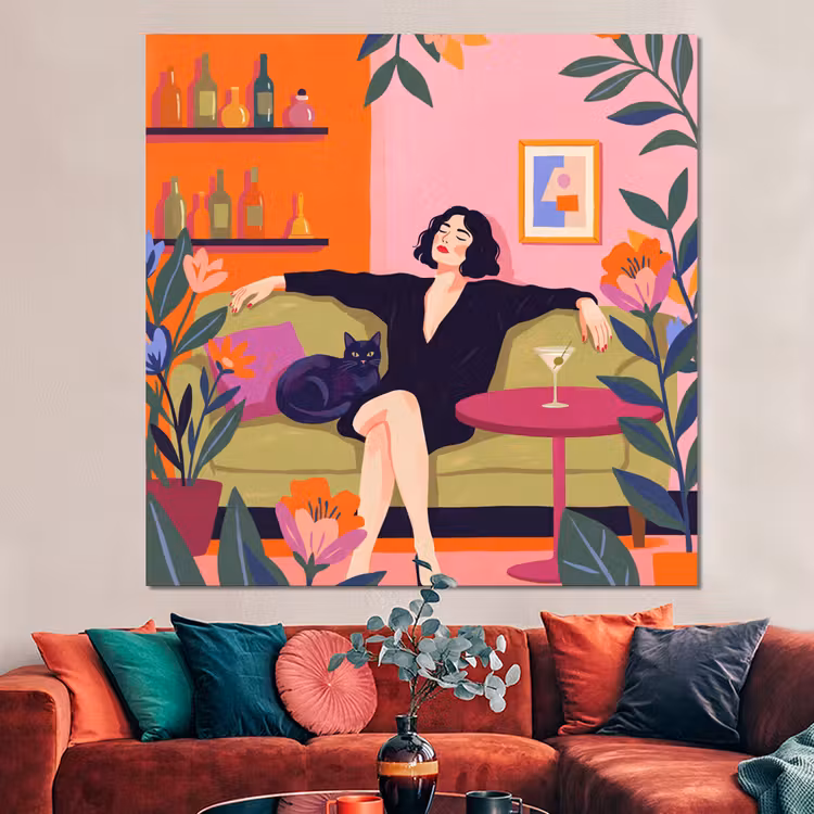 Forex - Vrouw - Kat - Interieur - Modern - Kleurrijk — 3