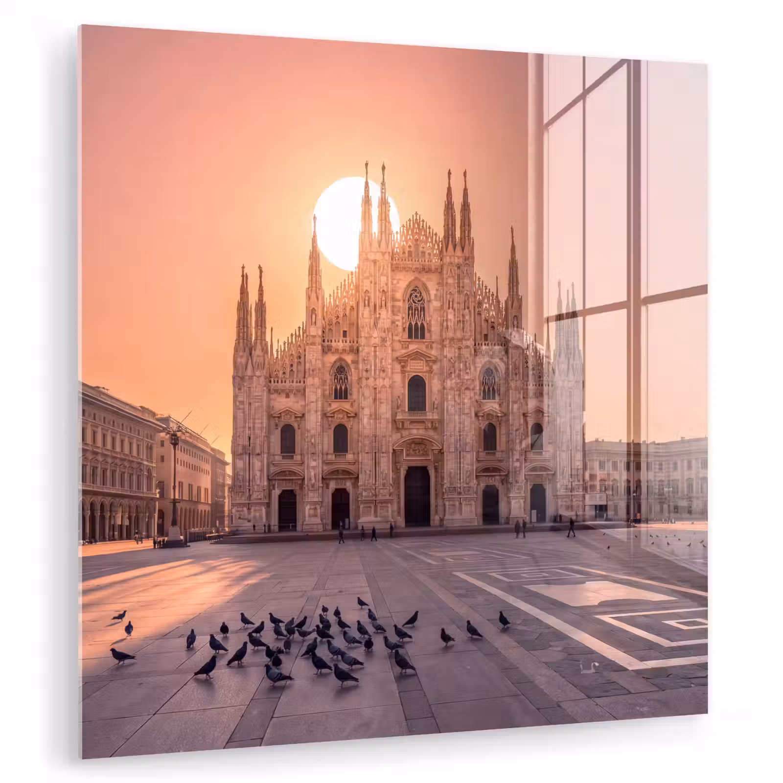Glas schilderij - Architectuur - Milaan - Plein - Zonsopgang - Oranje — 1