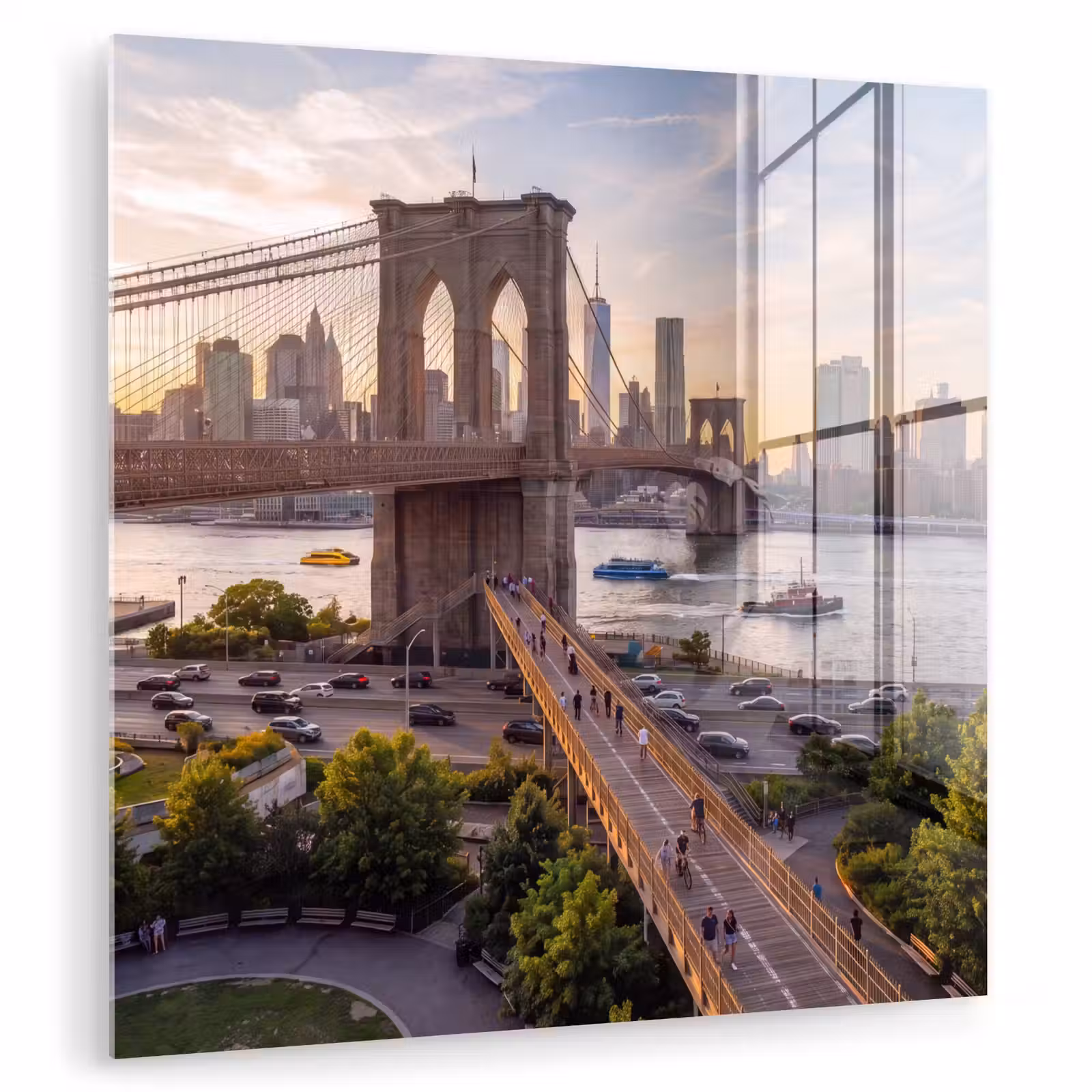 Glas schilderij - Brug - Rivier - Stad - Zonsondergang - Architectuur — 1