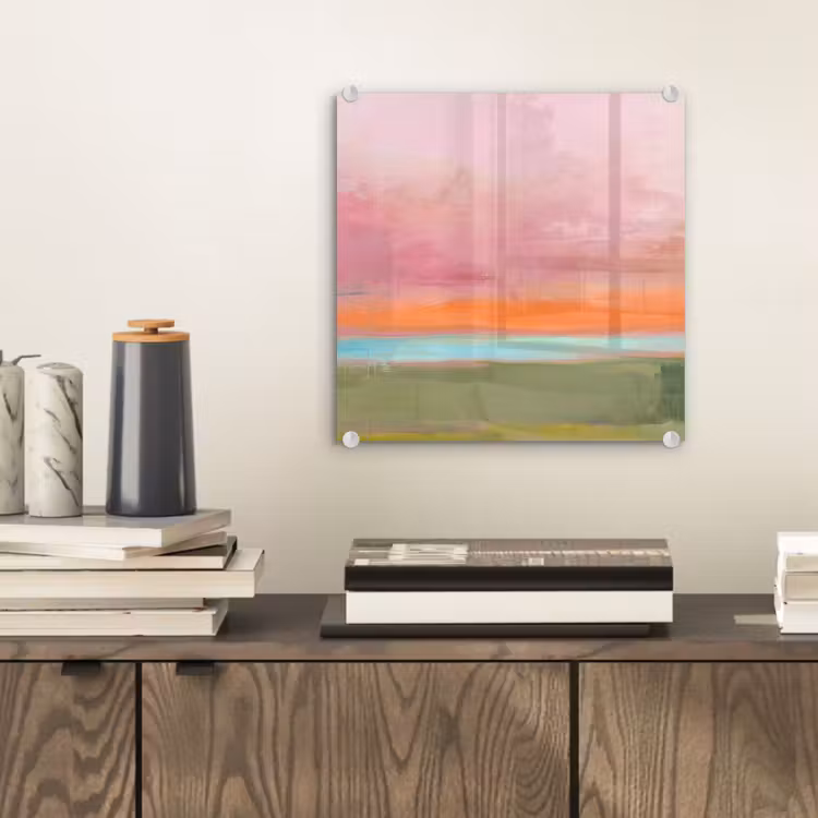 Glas schilderij - Abstract - Landschap - Modern - Roze - Oranje — 2