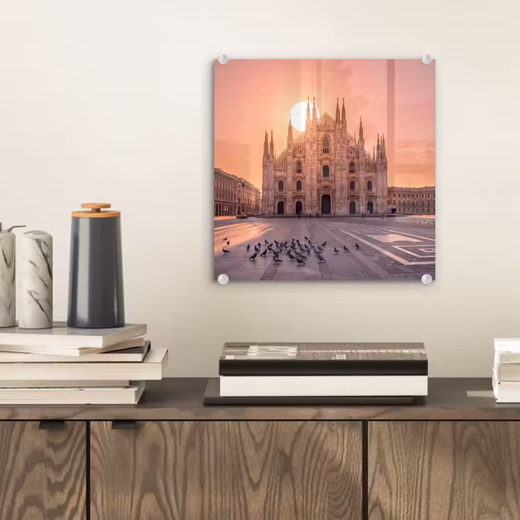 Glas schilderij - Architectuur - Milaan - Plein - Zonsopgang - Oranje — 2