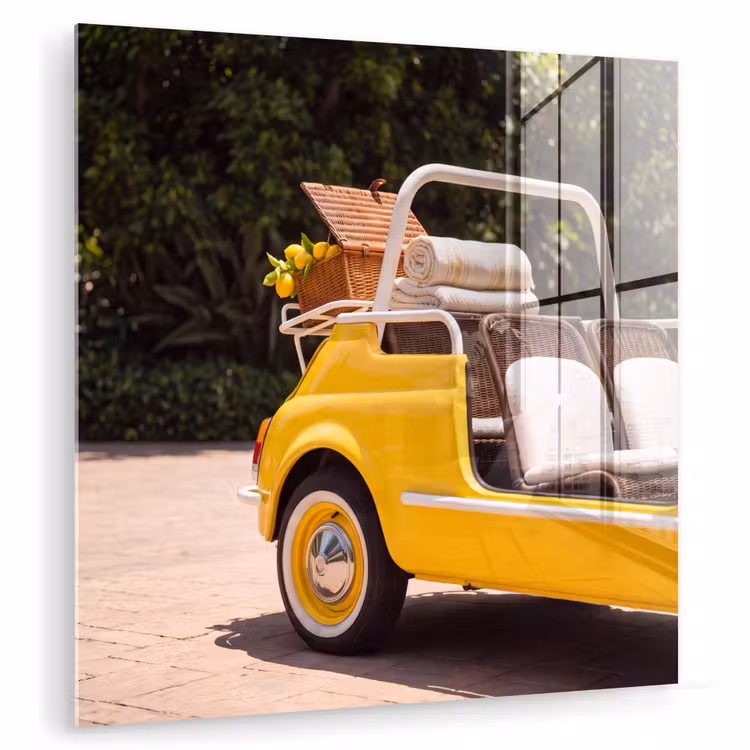 Glas schilderij - Auto - Picknick - Zomer - Geel — 1