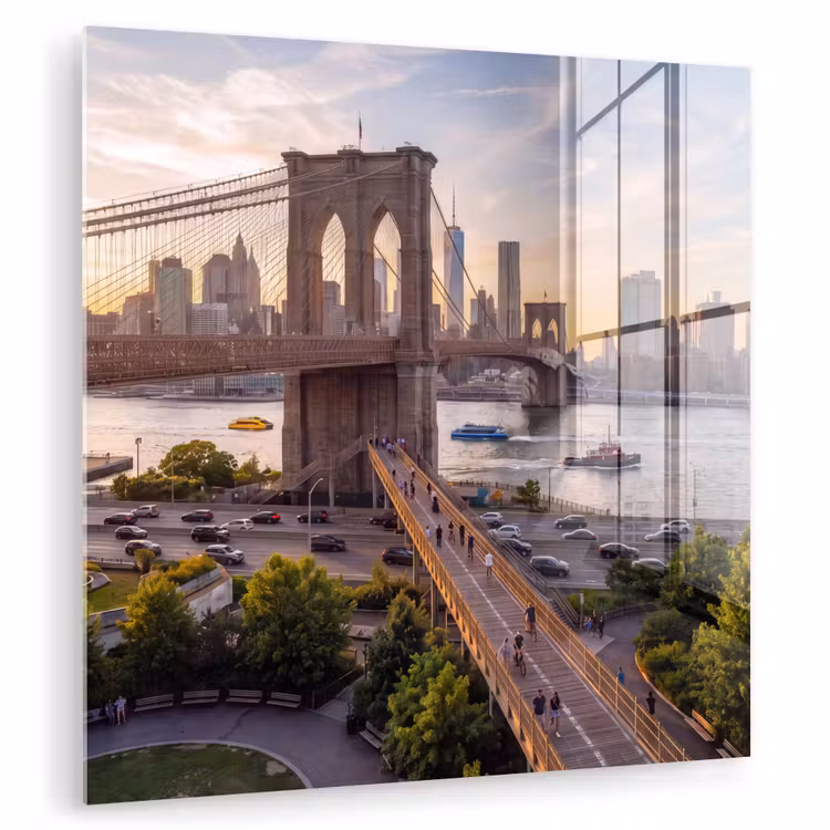 Glas schilderij - Brug - Rivier - Stad - Zonsondergang - Architectuur — 1