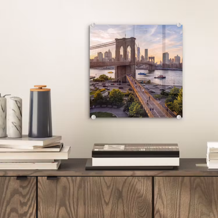 Glas schilderij - Brug - Rivier - Stad - Zonsondergang - Architectuur — 2
