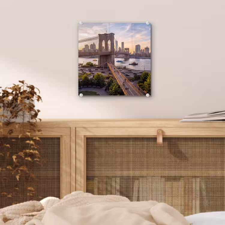 Glas schilderij - Brug - Rivier - Stad - Zonsondergang - Architectuur — 5