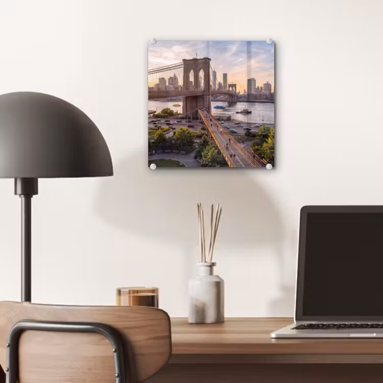 Glas schilderij - Brug - Rivier - Stad - Zonsondergang - Architectuur — 7
