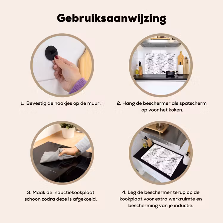 Inductie beschermer en spatscherm (2in1) - Marmer - Zwart - Dramatisch - Wit — 6