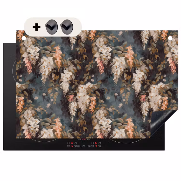 Inductie beschermer en spatscherm (2in1) - Bloemen - Bladeren - Donker - Patroon — 1