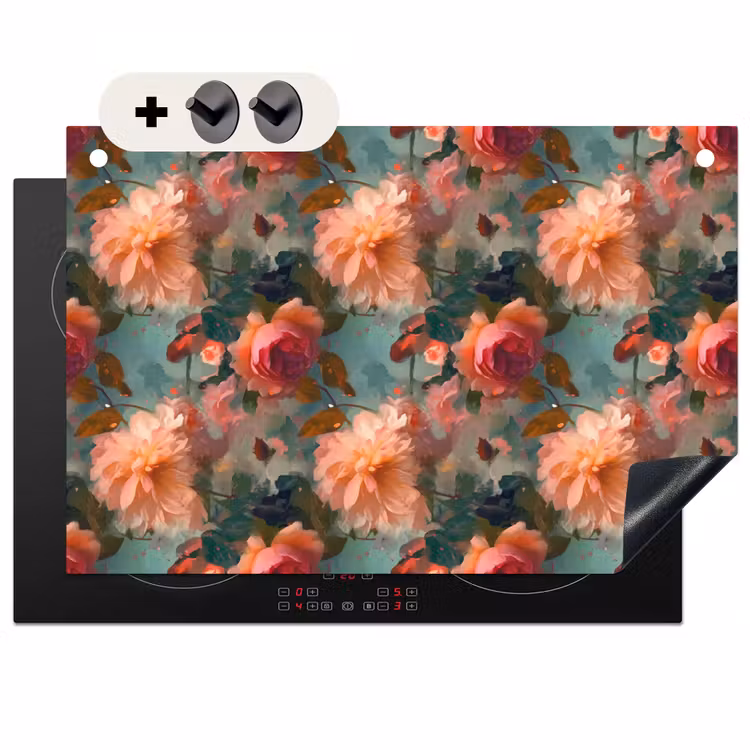 Inductie beschermer en spatscherm (2in1) - Roze - Patroon - Bloemen — 1