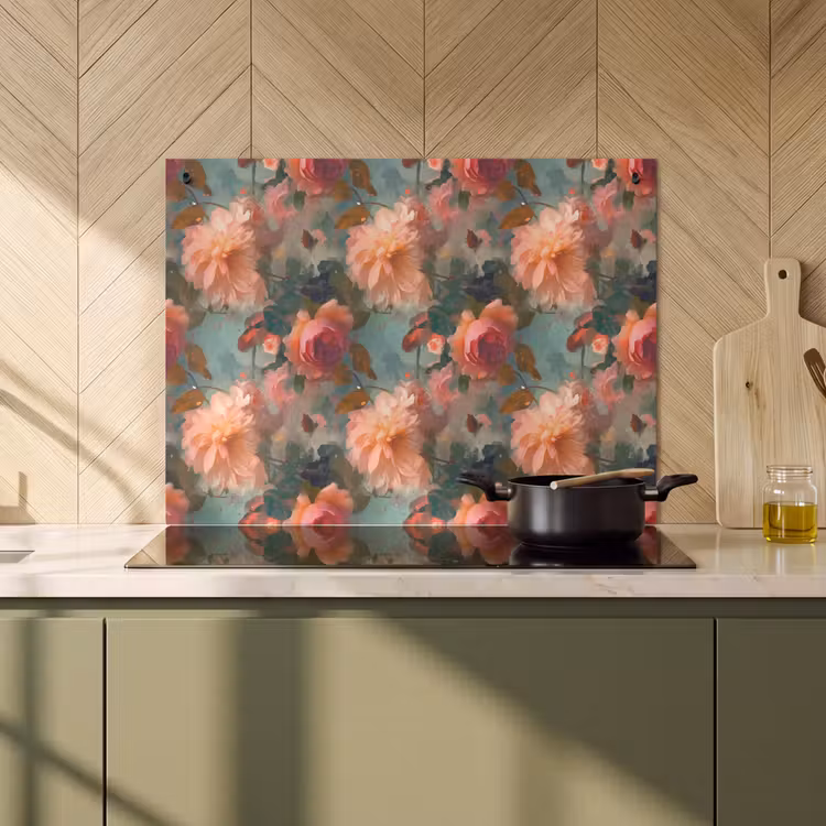 Inductie beschermer en spatscherm (2in1) - Roze - Patroon - Bloemen — 2
