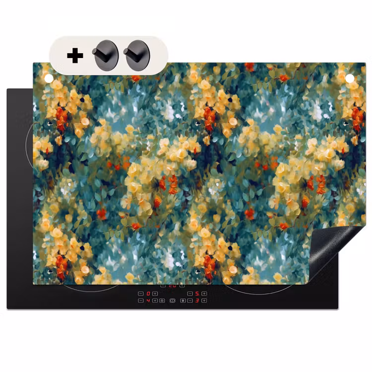Inductie beschermer en spatscherm (2in1) - Geel - Bloemen - Groen - Bladeren — 1