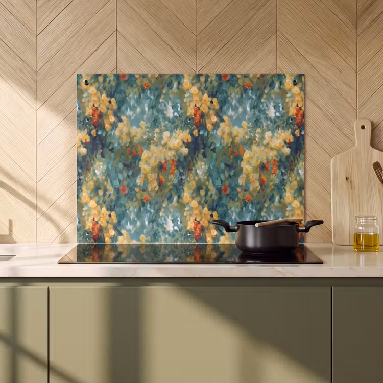 Inductie beschermer en spatscherm (2in1) - Geel - Bloemen - Groen - Bladeren — 2