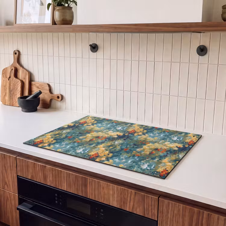 Inductie beschermer en spatscherm (2in1) - Geel - Bloemen - Groen - Bladeren — 3